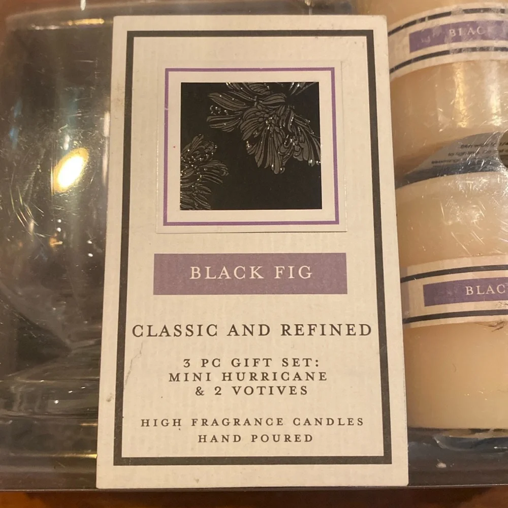 NIP Chesapeake Bay Candle 3x4” Clear Glass Holder + 2 Votives 2” Black Fig NEW